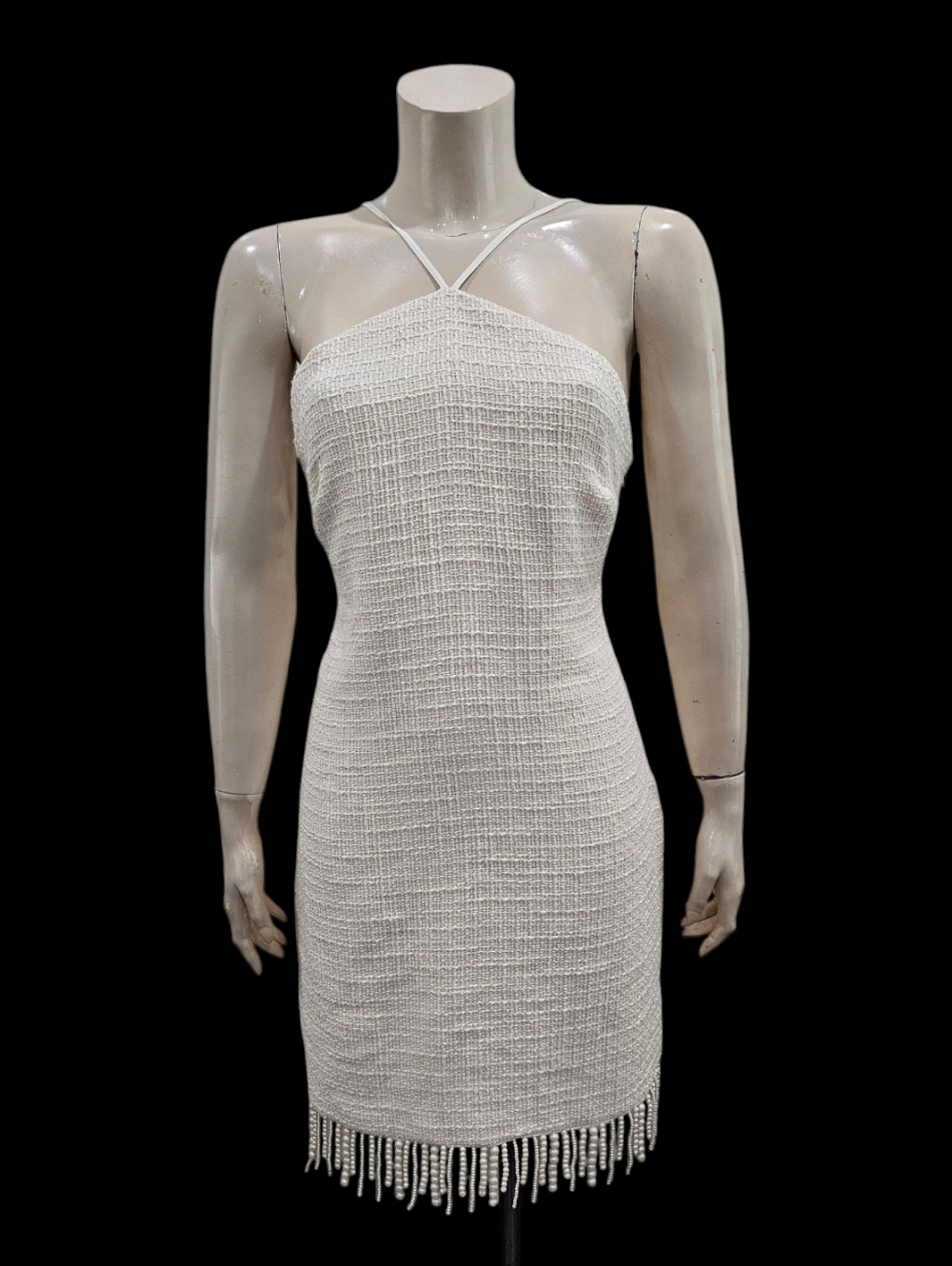 JASON WU Women White Ivory Tweed Halter Pearl Trim Hem Sheath Dress M
